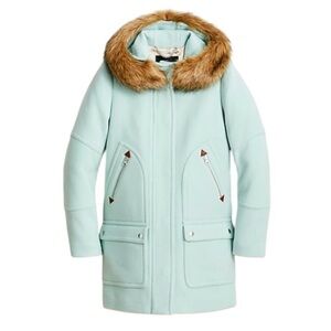 RARE.  J. CREW Chateau Parka Light Green Hooded Coat with Faux Fur Trim